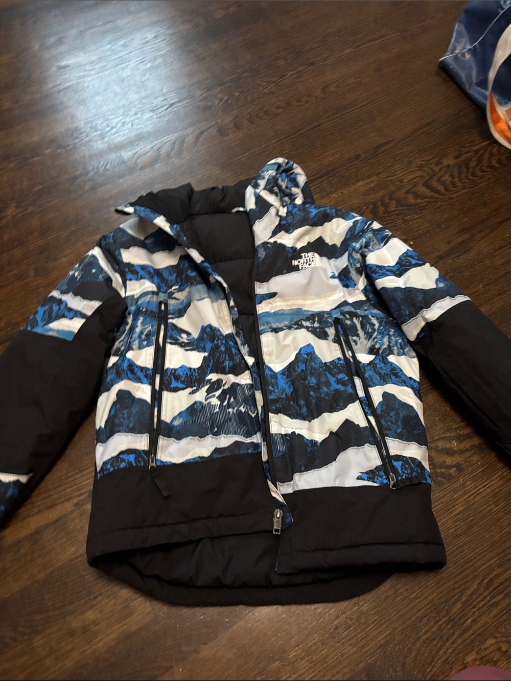 The North Face Kids Blue, Black & White Mountain-Print Puffer Jacket